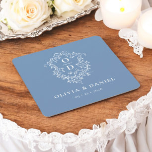 Porta-copo De Papel Quadrado Dusty Blue Floral Monograma Casamento Moderno
