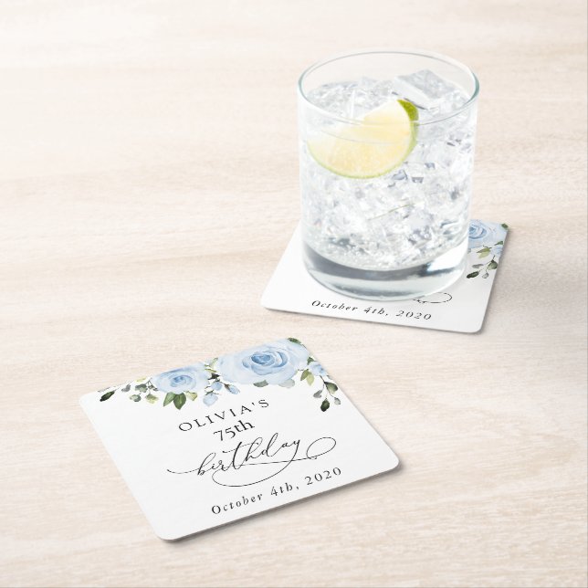 Porta-copo De Papel Quadrado Dusty Blue Flowers, Greenery, Boho, Birthday (Insitu)