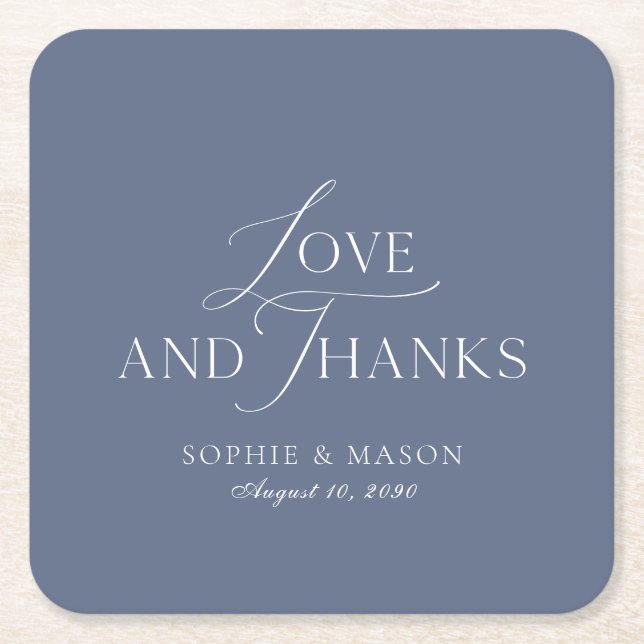 Porta-copo De Papel Quadrado Dusty Blue Love and Thanks Wedding Favor (Frente)
