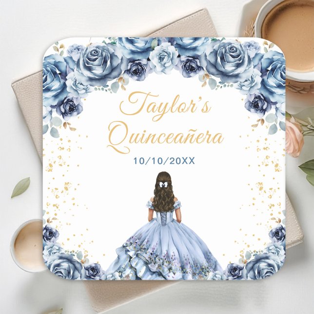 Porta-copo De Papel Quadrado Dusty Blue Princess Floral Quinceañera (Criador carregado)