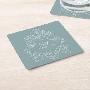 Porta-copo De Papel Quadrado Dusty Blue Vintage Monograma Crest Logotipo de Cas