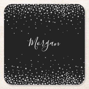 Porta-copo De Papel Quadrado DY Name White Script & White Diamantes, Preto Vs 2