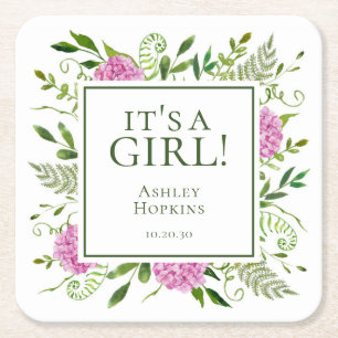 Porta-copo De Papel Quadrado É um Chá de fraldas de Garota Rosa, de Hydrangeas