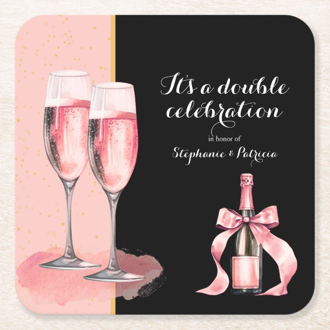 Porta-copo De Papel Quadrado É um Champanhe Rosa de Dupla Celebração Aniversári (Frente)