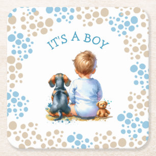 Porta-copo De Papel Quadrado É um menino   Bebê e Dachshund Chá de fraldas