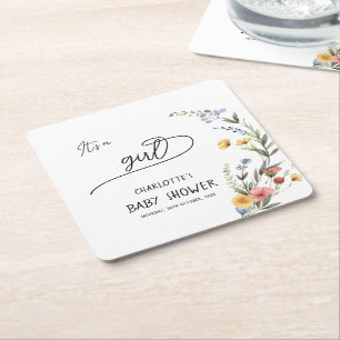 Porta-copo De Papel Quadrado É uma garota! Chá de fraldas de flor selvagem colo