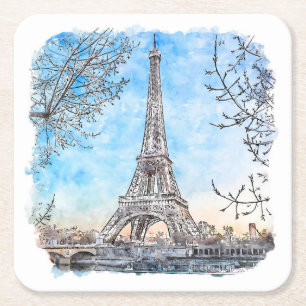Porta-copo De Papel Quadrado Eiffel Tower Paris França Desenhar Aquarela