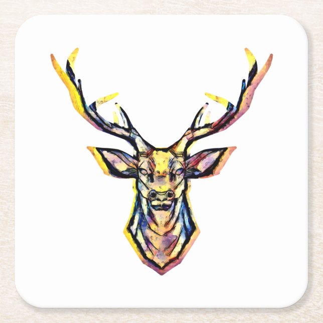 Porta-copo De Papel Quadrado Ein Hirschkopf als buntes Bild im Aquarell Stil    (Frente)