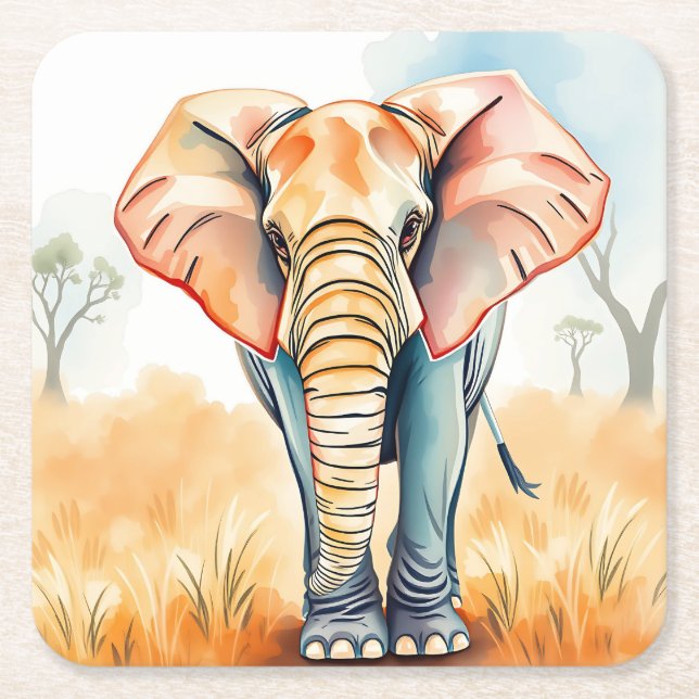 Porta-copo De Papel Quadrado Elefante de Aquarela Adorável (Frente)