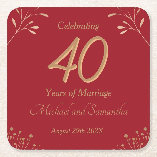 Porta-copo De Papel Quadrado Elegant 40th Ruby Wedding Party (Frente)