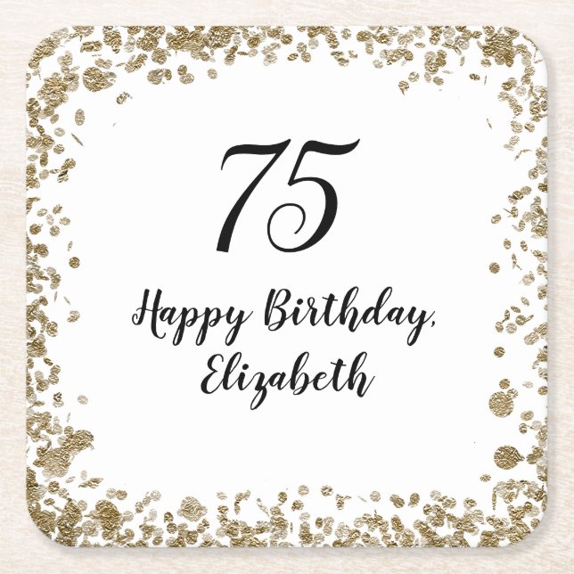 Porta-copo De Papel Quadrado Elegant 75th Birthday Gold Sequin Birthday Party (Frente)