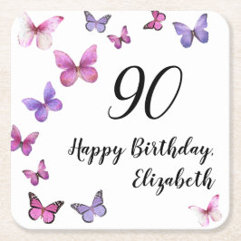 Porta-copo De Papel Quadrado Elegant 90th Birthday Butterflies Custom Name