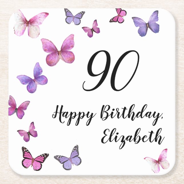 Porta-copo De Papel Quadrado Elegant 90th Birthday Butterflies Custom Name (Frente)
