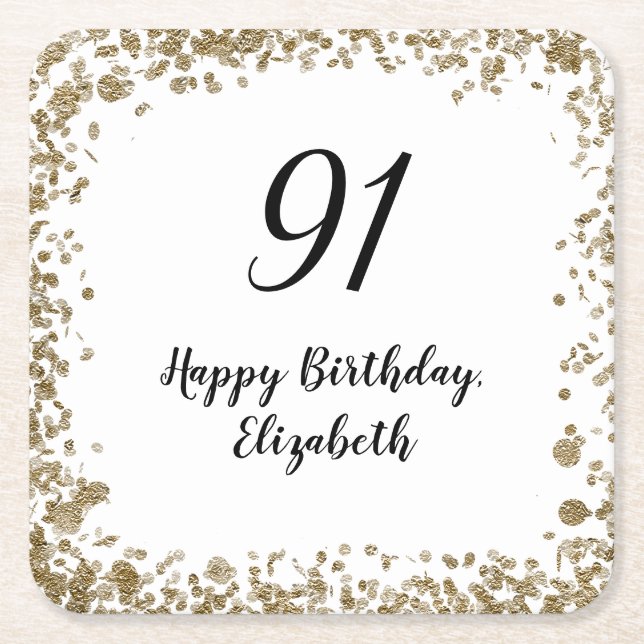 Porta-copo De Papel Quadrado Elegant 91st Birthday Napkins With Gold Sequins (Frente)