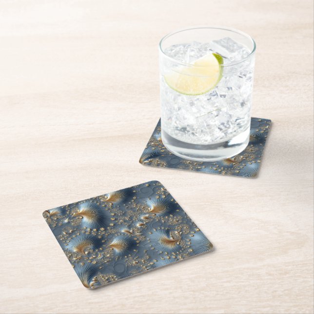 Porta-copo De Papel Quadrado Elegant Blue and Gold Abstract Cardboard Coasters (Insitu)