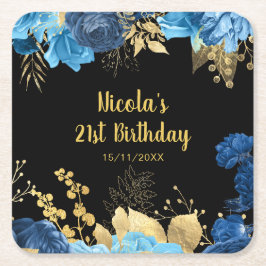 Porta-copo De Papel Quadrado Elegant Blue and Gold Flowers Birthday Party 