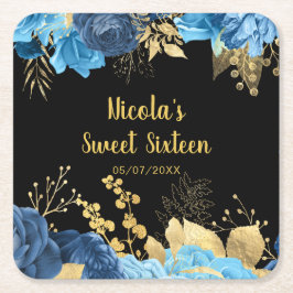 Porta-copo De Papel Quadrado Elegant Blue and Gold Flowers Sweet Sixteen