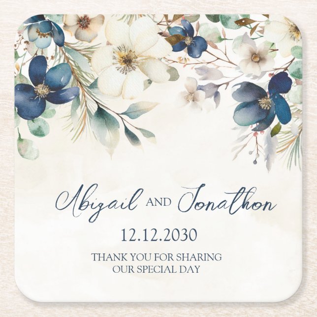 Porta-copo De Papel Quadrado Elegant Blue Floral Winter Wedding (Frente)