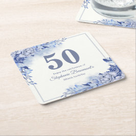 Porta-copo De Papel Quadrado Elegant Blue Roses Floral Women's 50th Birthday 