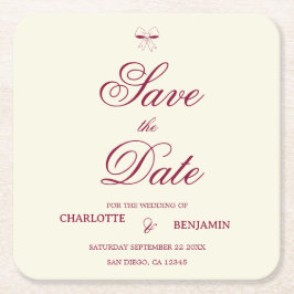 Porta-copo De Papel Quadrado Elegant Burgundy Script Cream Ivory Bow Wedding