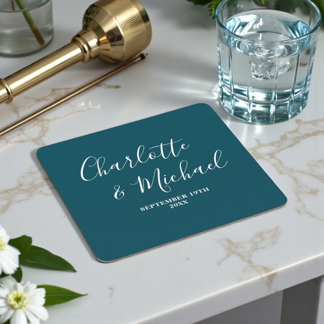 Porta-copo De Papel Quadrado Elegant Deep Teal Script Minimalist Wedding (Criador carregado)