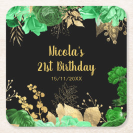 Porta-copo De Papel Quadrado Elegant Green and Gold Flowers Birthday Party 