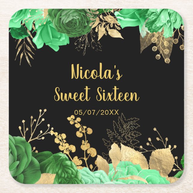 Porta-copo De Papel Quadrado Elegant Green and Gold Flowers Sweet Sixteen (Frente)