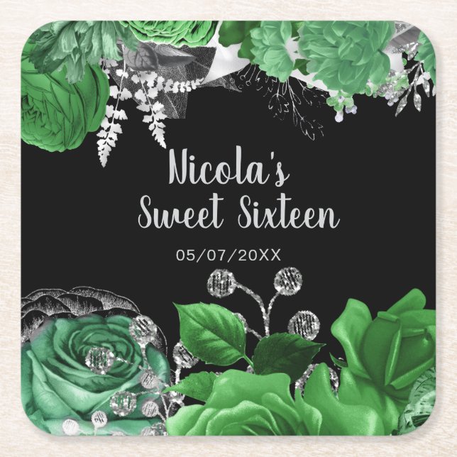 Porta-copo De Papel Quadrado Elegant Green and Silver Flowers Sweet Sixteen  (Frente)