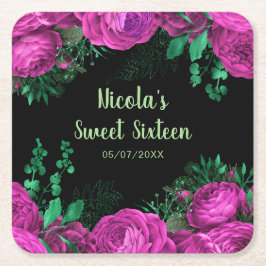 Porta-copo De Papel Quadrado Elegant Hot Pink Flowers Sweet Sixteen