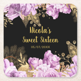 Porta-copo De Papel Quadrado Elegant Lilac and Gold Flowers Sweet Sixteen