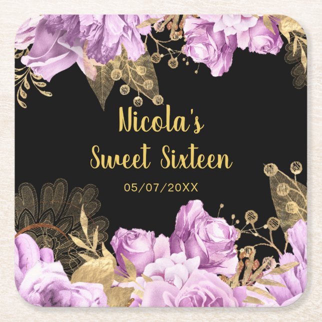 Porta-copo De Papel Quadrado Elegant Lilac and Gold Flowers Sweet Sixteen (Frente)