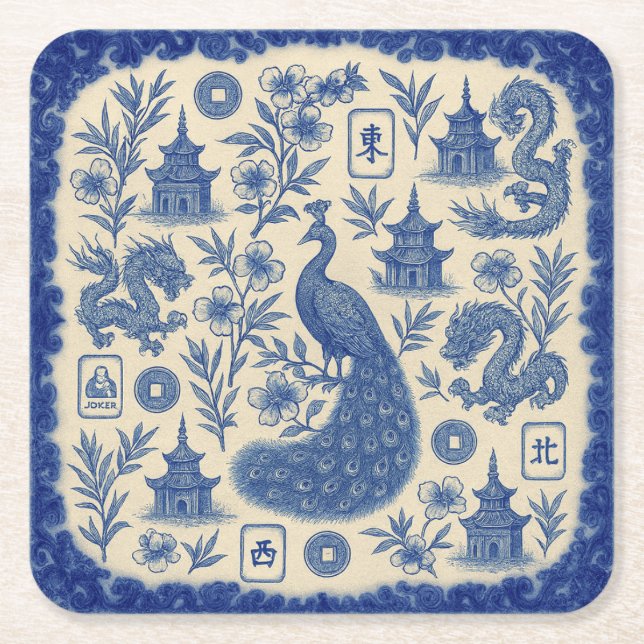 Porta-copo De Papel Quadrado Elegant Mahjong Toile Paper Coaster Set (Frente)