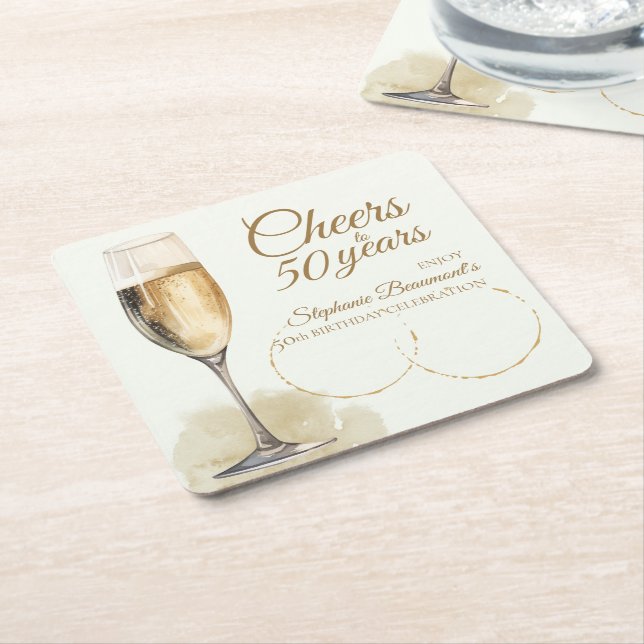 Porta-copo De Papel Quadrado Elegant Modern Champagne Cheers 50th Birthday (Inclinado)