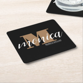 Porta-copo De Papel Quadrado Elegant Monogram Black Gold Script minimal