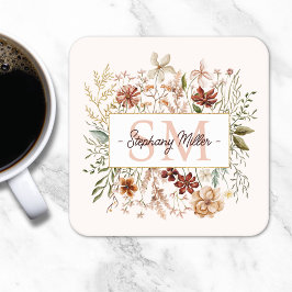 Porta-copo De Papel Quadrado Elegant Monogram Watercolor Fall Wildflower Floral