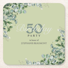 Porta-copo De Papel Quadrado Elegant Pastel Green Flower Women's 50th Birthday 