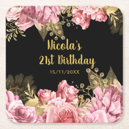 Porta-copo De Papel Quadrado Elegant Pink and Gold Flowers Birthday Party 