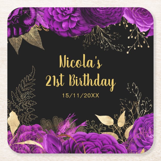 Porta-copo De Papel Quadrado Elegant Purple and Gold Flowers Birthday Party  (Frente)