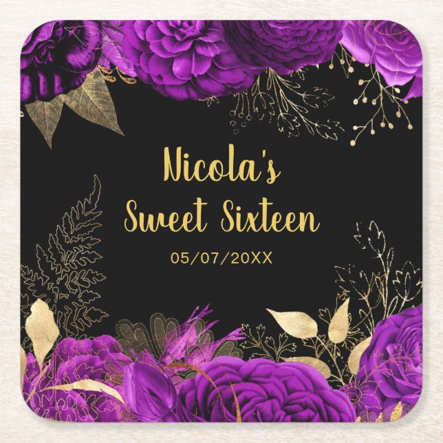 Porta-copo De Papel Quadrado Elegant Purple and Gold Flowers Sweet Sixteen  (Frente)