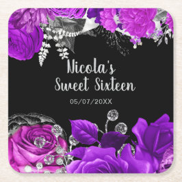 Porta-copo De Papel Quadrado Elegant Purple and Silver Flowers Sweet Sixteen