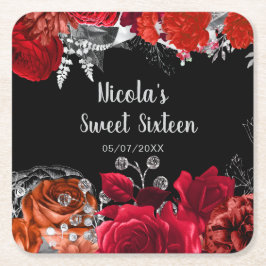 Porta-copo De Papel Quadrado Elegant Red and Silver Flowers Sweet Sixteen 