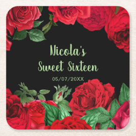 Porta-copo De Papel Quadrado Elegant Red Roses Flowers Sweet Sixteen