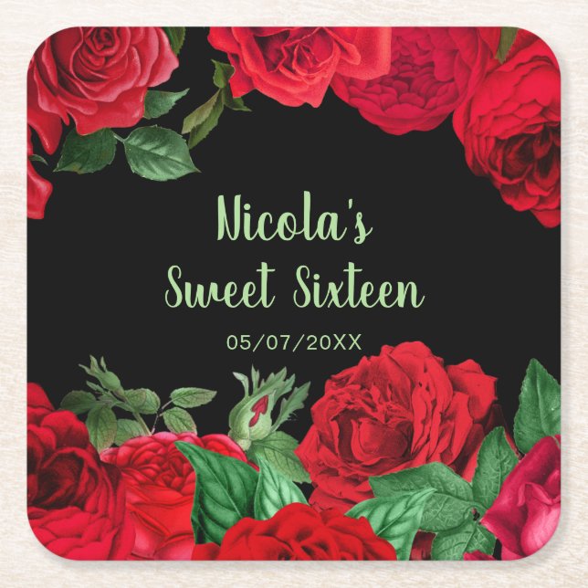 Porta-copo De Papel Quadrado Elegant Red Roses Flowers Sweet Sixteen (Frente)