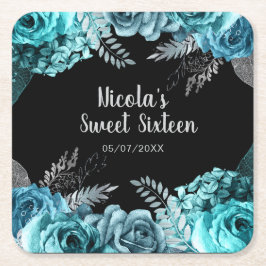 Porta-copo De Papel Quadrado Elegant Teal Blue and Silver Flowers Sweet Sixteen