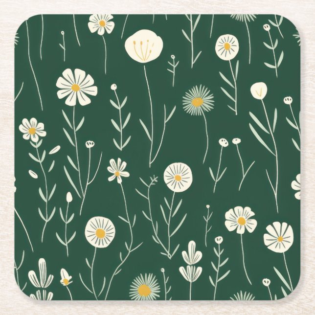 Porta-copo De Papel Quadrado Elegant Wildflower Pattern on Dark Green  (Frente)