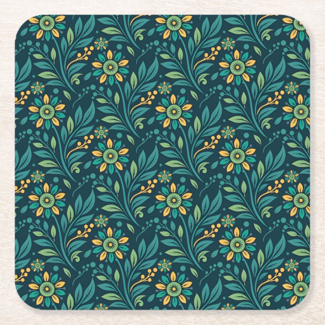 Porta-copo De Papel Quadrado Elegant Yellow and Teal Floral Pattern Design (Frente)