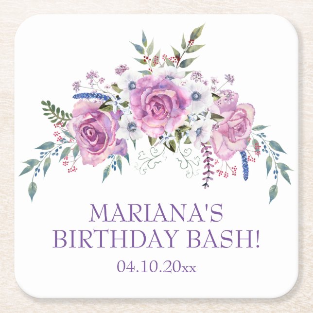 Porta-copo De Papel Quadrado Elegante Aquarela Festa de aniversário Floral Purp (Frente)