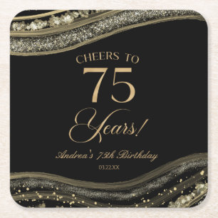 Porta-copo De Papel Quadrado Elegante Black Dourado Agate 75ª Festa de aniversá