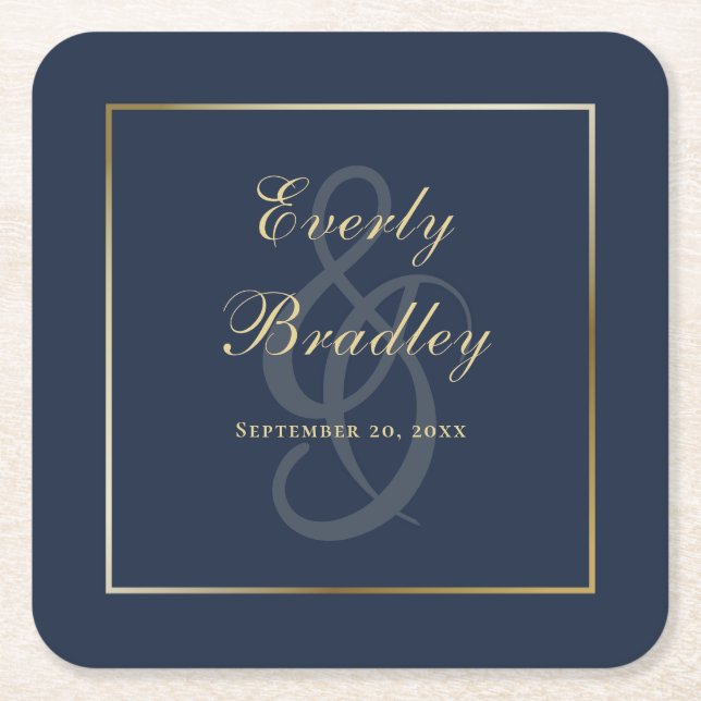 Porta-copo De Papel Quadrado Elegante Borda Dourada Azul Marinho Simples Script (Frente)