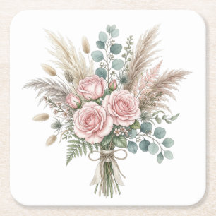 Porta-copo De Papel Quadrado Elegante Buquê Floral Boho Rosa Bege travesseiro 